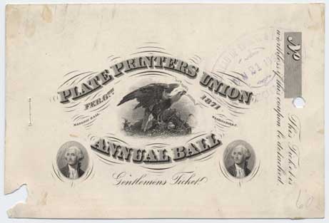 Plate proof, Annual Ball, Gentlemen's Ticket, Plate Printers Union, 1871