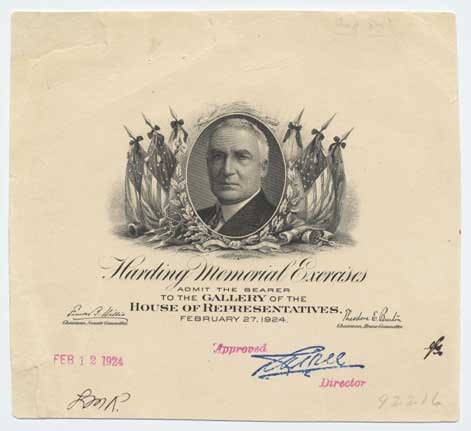 Approved plate proof, Admission Ticket to Warren G. Harding Memorial Exercises