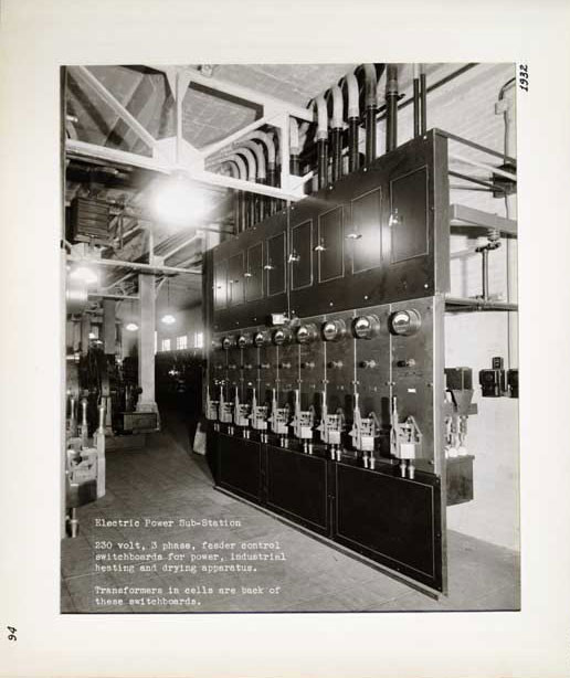 Photographic Print, Electric Power Sub-Station, 230 volt, 3 phase, feeder control switchboards for power, industrial heating and drying apparatus (transformers in cells are back of these switchboards), c.1932