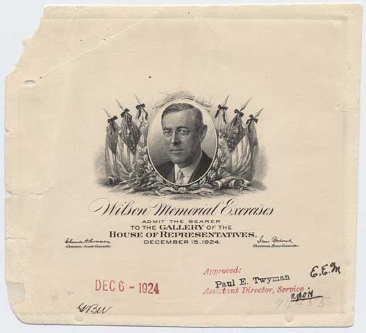 Approved plate proof, Admission Ticket to Woodrow Wilson Memorial Exercises