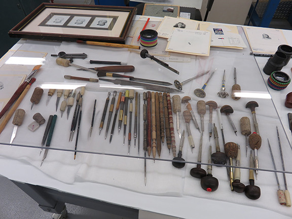 Hand-engraving tools used in the process of intaglio printing.