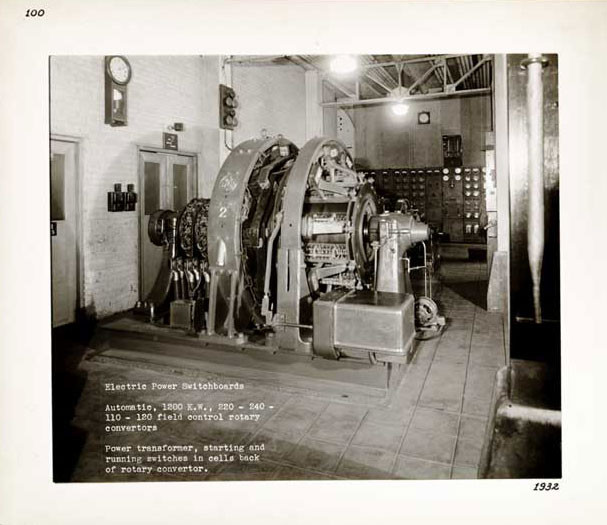 Photographic Print, Power Sub-Station, general view of station from control switchboard showing 528 K.W. manual and three 1200 K.W. automatic rotary convertors, c.1932
