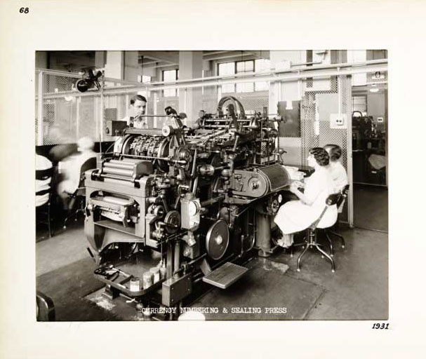 Photographic Print, Currency Numbering and Sealing Press, c. 1931.