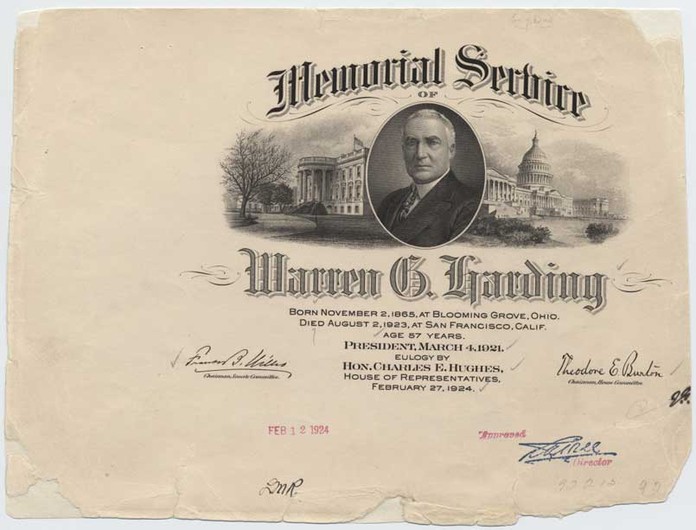 Approved plate proof, Memorial Service of Warren G. Harding, Souvenir Card