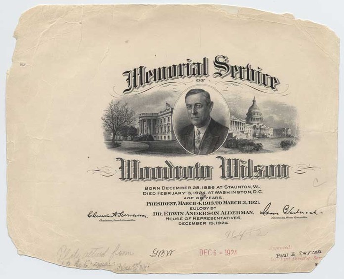 Approved plate proof, Memorial Service of Woodrow Wilson, Souvenir Card