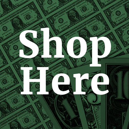Green tonal image of money with the words "Shop Here" in white letters
