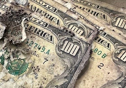 Mutilated stack of $100 bills.