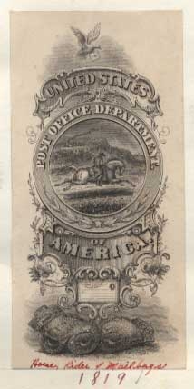 Prof, vignette "Horse and Rider and Mail Bags" for Post Office Department Warrants