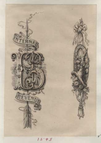 Proof, Scroll End Pieces for Internal Revenue Checks or Warrants