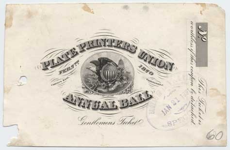 Plate proof, Annual Ball, Gentlemen's Ticket, Plate Printers Union, 1870