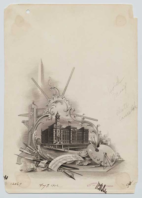 Approved plate proof, Vignette of 1880 Bureau of Engraving and Printing Building, "Old Brick Building"