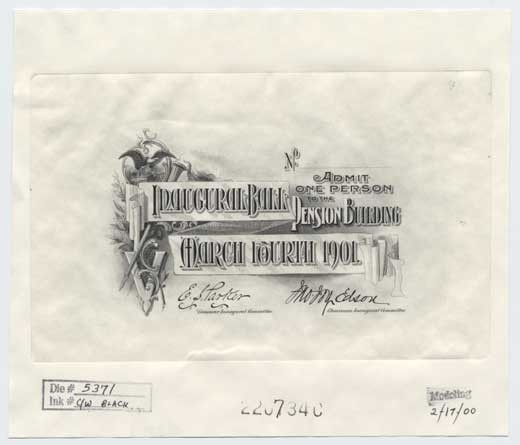 Die proof, Admission Ticket for Inaugural Ball, Pension Building