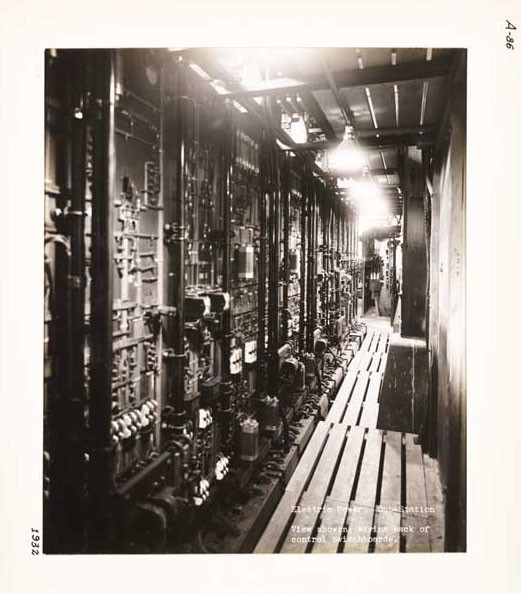 Photographic Print, Electric Power Sub-Station, view showing wiring back of control switchboards, c.1932