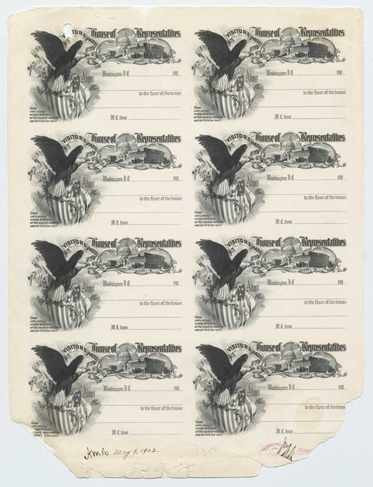 Approved plate proof, Visitor's Pass to House of Representatives