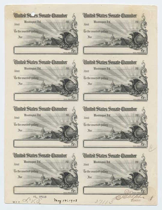 Approved plate proof, Admission Card to United States Senate Chamber, to the Reserved Gallery