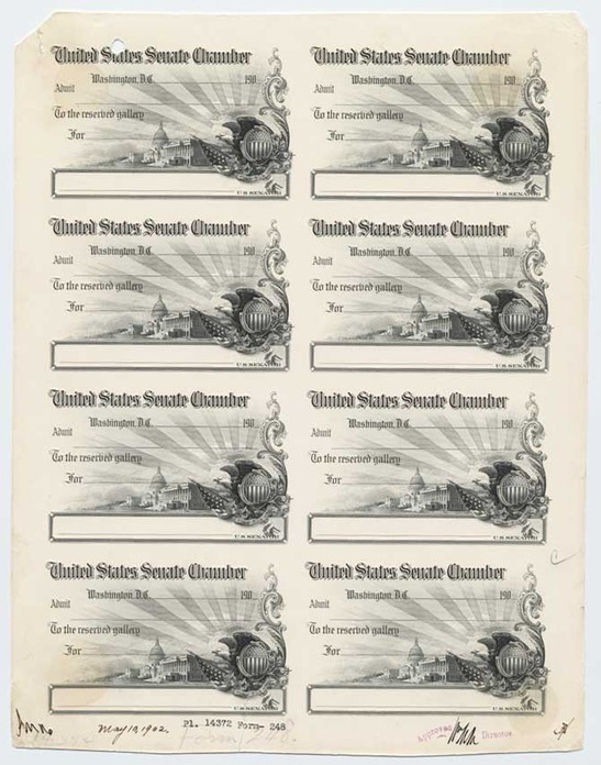 Approved plate proof, Admission Card to United States Senate Chamber, to the Reserved Gallery