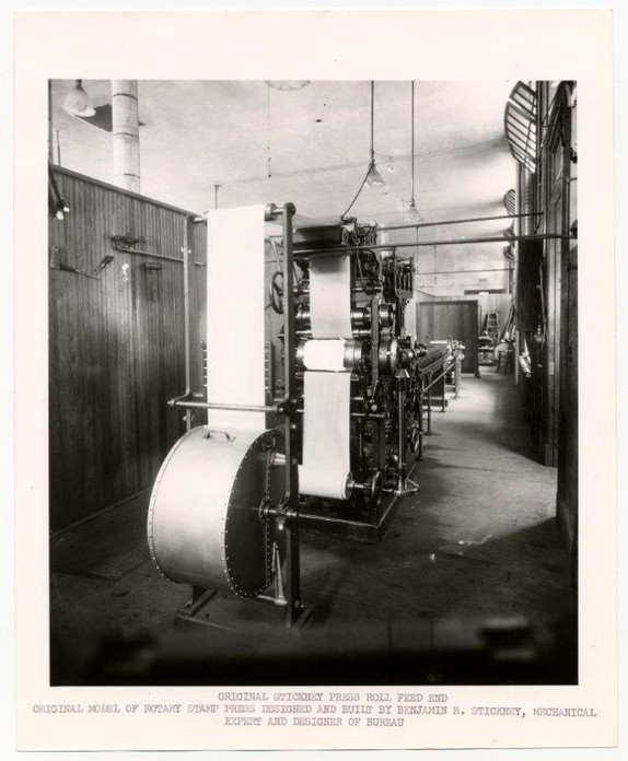 The Stickney Press produced coils of postage stamps by pasting multiple sheets of printed stamps together, c. 1912-1914.