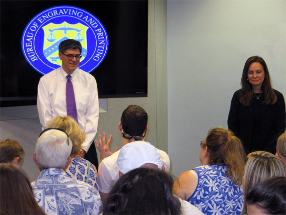 Treasury Secretary Jack Lew and Treasurer of the United States Rosie Rios visit the BEP to chat with a group of visitors about #TheNew10.