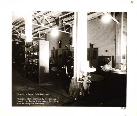 Photographic Print, Electric Power Sub-Station, general view showing D. C. switchboard for Loans & Currency Building and Washington Monument, c.1932