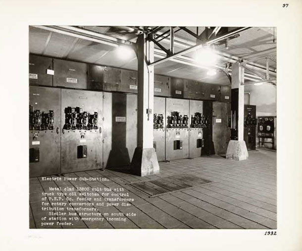 Photographic Print, Electric Power Sub-Station, metal clad 13200 volt bus with truck type oil switches for control of P.E.P. Co. feeder and transformers for rotary convertors and power distribution transformers; similar bus structure on south side of stat