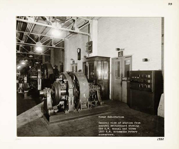 Photographic Print, Power Sub-Station, general view of station from control switchboard showing 528 K.W. manual and three 1200 K.W. automatic rotary convertors, c.1932