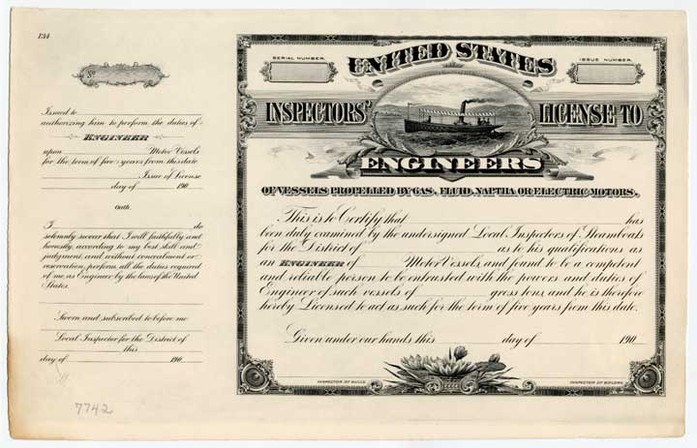 Proof, Marine License to Engineers of Vessels Propelled by Gas, Fluid, Naptha or Electric Motors