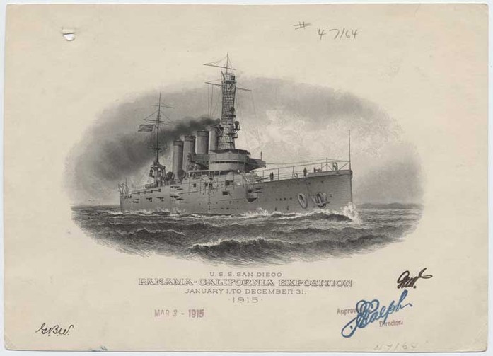 Approved plate proof, U.S.S. San Diego, Panama-California Exposition, 1915